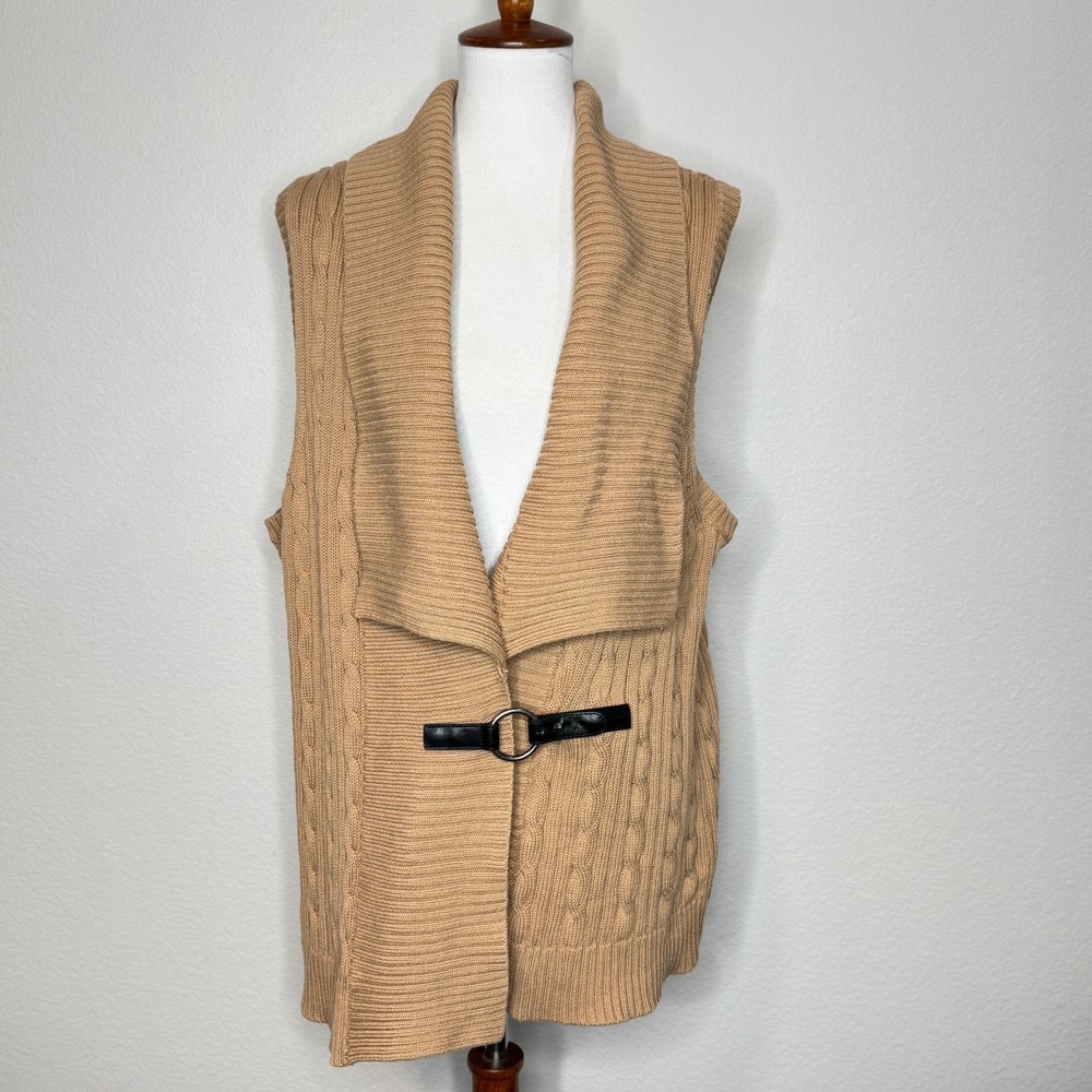CHAPS Womens Cable Knit Sweater Vest 3X Collared Equestrian Belt Closure Tan